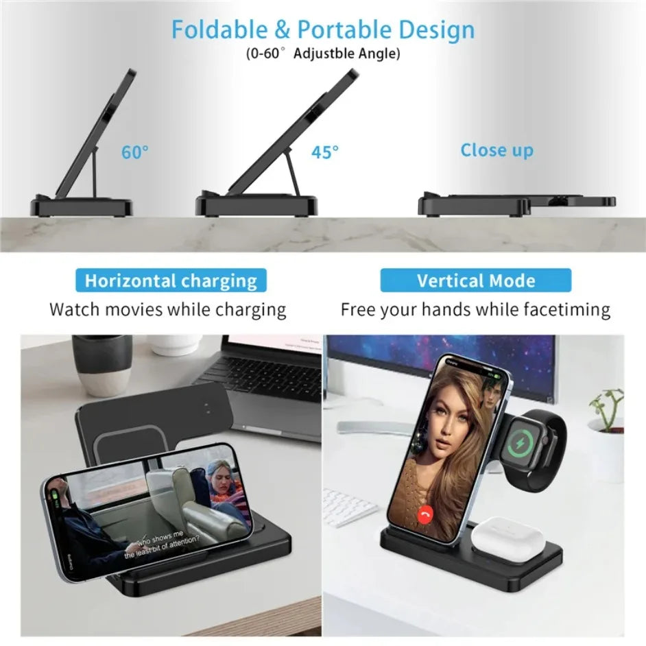 3 In 1 Wireless Charger Stand Foldable 15W Fast Wireless Charging Station Dock for iPhone 16 15 14 13 12 iWatch 9 8 7 6 Airpods