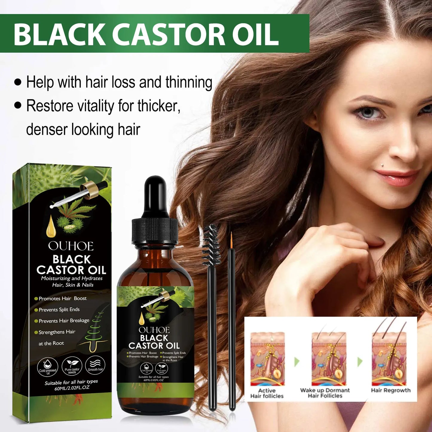 OUHOE Black Castor Oil 100% Organic Moisturize Hair Growth Serum Prevent Hair Loss Soft Bright Dense Hair Care Essential Oil