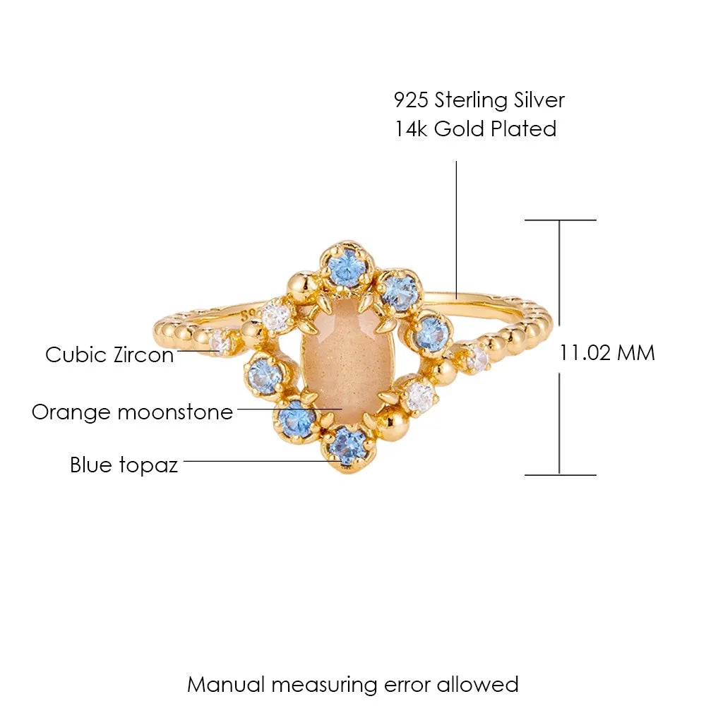 LAMOON Vintage Natural Orange Moonstone Ring For Women Exquisite Luxury Court Style 925 Sterling Silver Gold Plated Fine Jewelry
