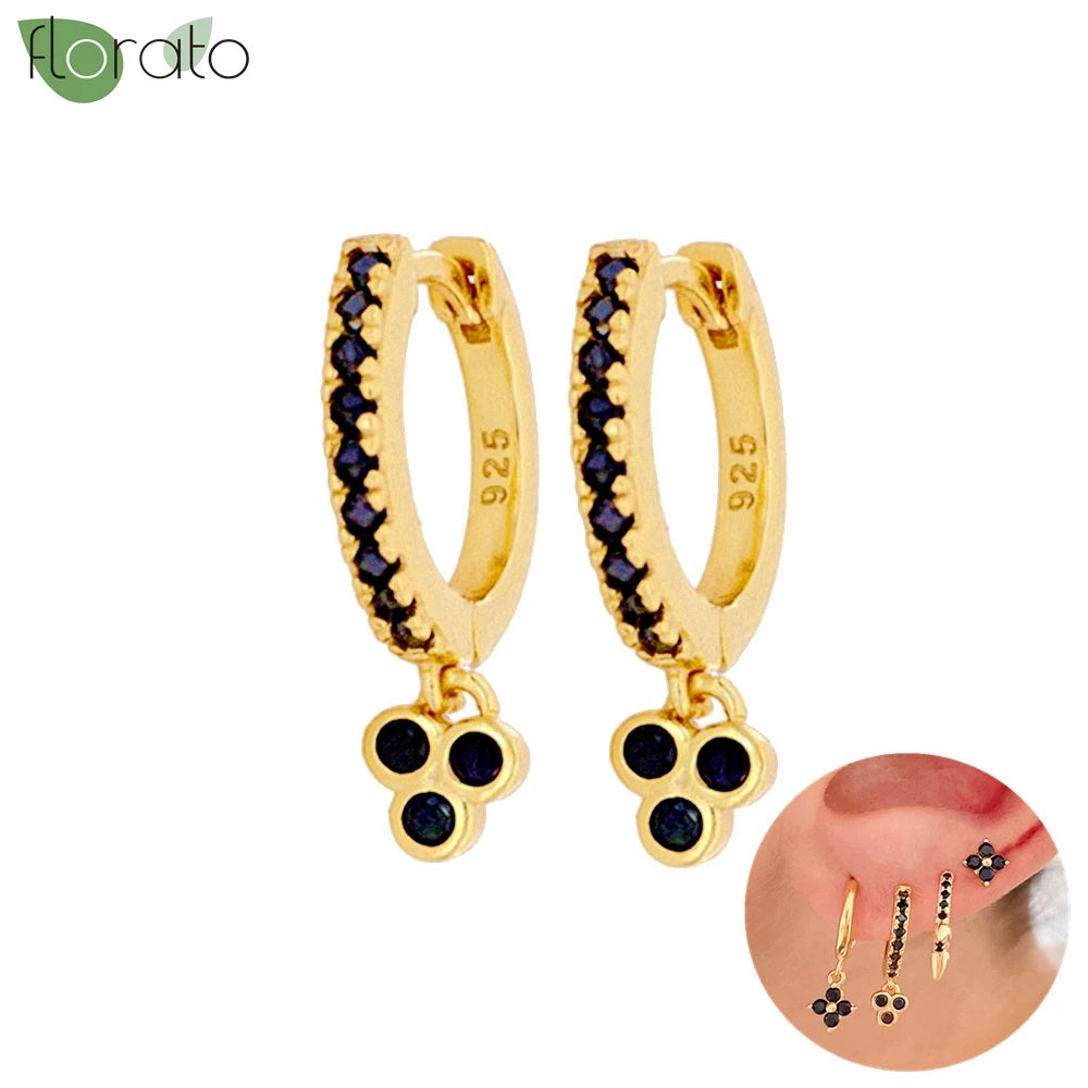 925 Sterling Silver Needle Fashion Round Pendant Small Earrings Luxury Gold Hoop Earrings for Women Premium Black Jewelry Gifts - AMULET RING STORE