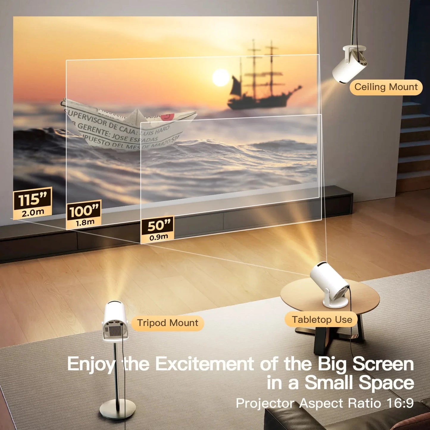 Smart Projector with Wifi and BluetoothPortable 720P 4K Support, Auto Keystone, AirMouse Remote, 180 Degree Rotation