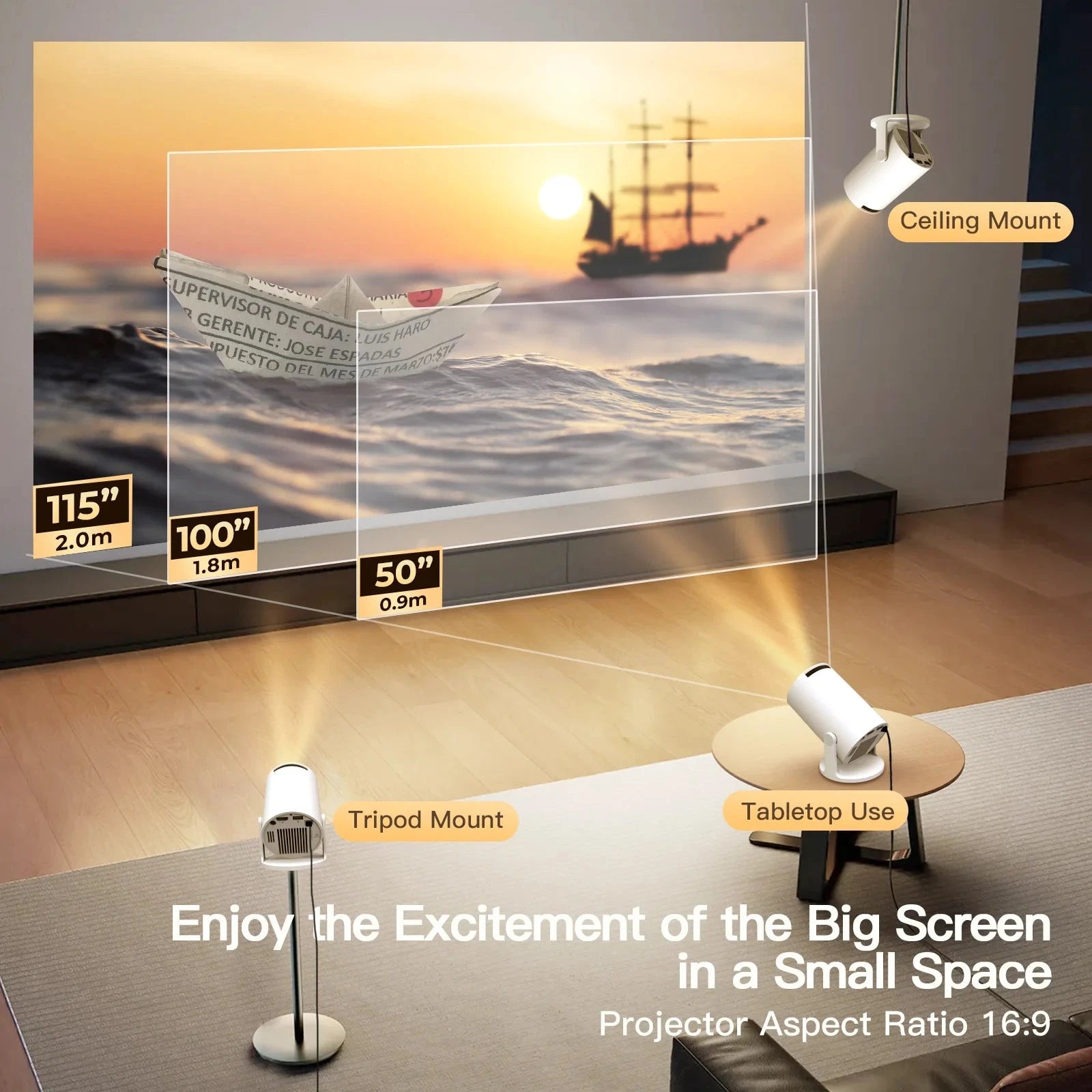 Smart Projector with Wifi and BluetoothPortable 720P 4K Support, Auto Keystone, AirMouse Remote, 180 Degree Rotation
