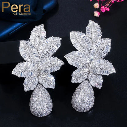 Pera Gorgeous White Cubic Zirconia Silver Color Large Leaf Water Drop Wedding Party Dangle Earrings for Brides Jewelry Gift E606 - AMULET RING STORE