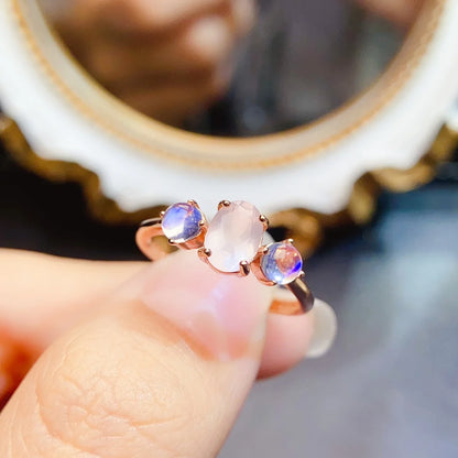 FS 5*7mm Natural Rose quartz Moonstone Ring S925 Sterling Silver Fine Charm Weddings Jewelry for Women MeiBaPJ With Certificate