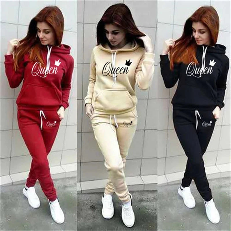 Hot women's 2-piece QUEEN print sports suit sportswear jogging suit women's hooded sportswear suit clothes hoodie+sweatpants - AMULET RING STORE