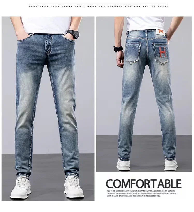2024 Summer Lightweight Luxury European Style Jeans Men's Slim Fit Casual Long Pants Trendy High End Brand