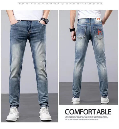 2024 Summer Lightweight Luxury European Style Jeans Men's Slim Fit Casual Long Pants Trendy High End Brand