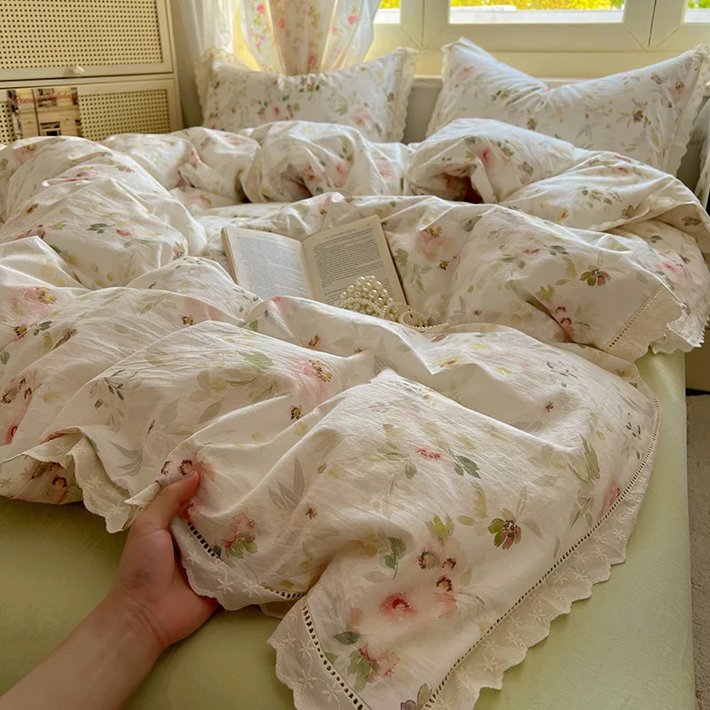 Washed Cotton Duvet Cover Sets Single/Queen/king Flower Printed Bedding Set Princess Style e housse de couette 220x240 with Lace - AMULET RING STORE