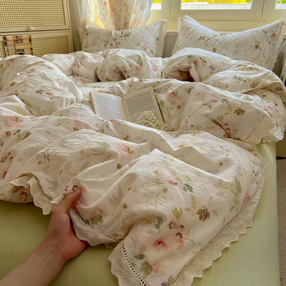 Washed Cotton Duvet Cover Sets Single/Queen/king Flower Printed Bedding Set Princess Style e housse de couette 220x240 with Lace - AMULET RING STORE