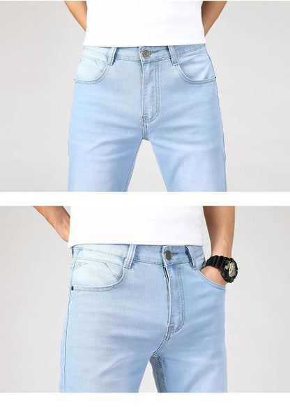 Wthinlee Spring Summer Business Jeans Men Light Blue Casual Straight Stretch Fashion Classic Work Denim Trousers Brand Clothing