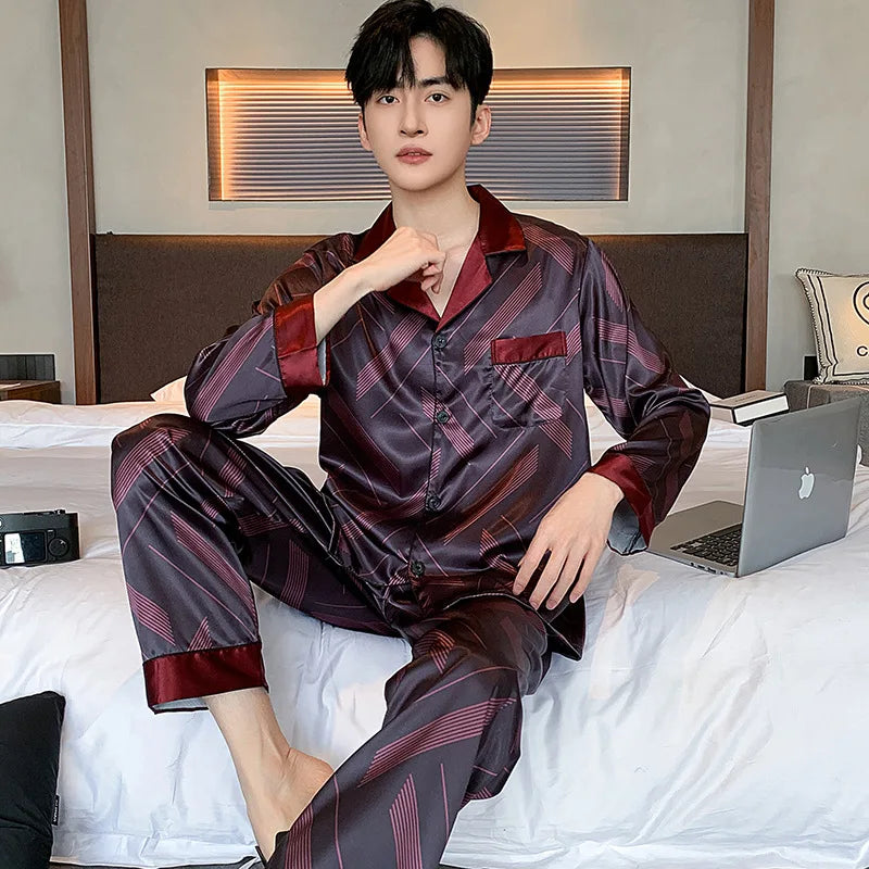 High Quality Pajamas Set Men Spring Autumn Thin Polyester Ice Silk Long-sleeved Sleepwear Plus Size Summer Home Clothes Male