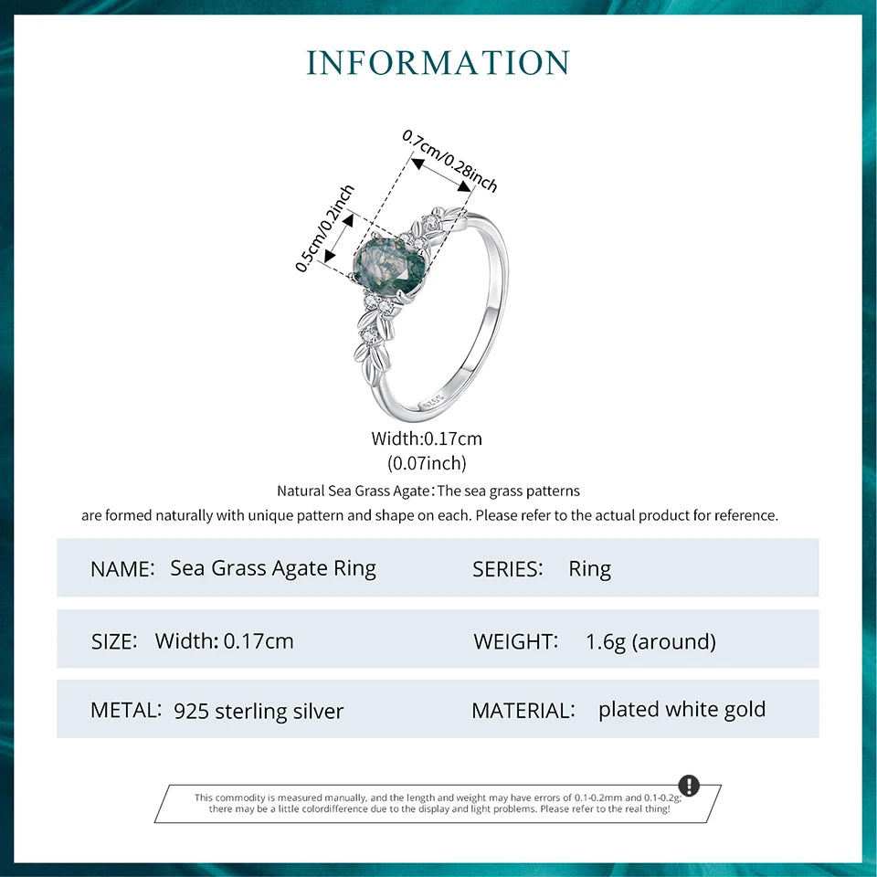 WOSTU Natural Moss Agate Ring For Women  925 Sterling Silver Oval Cut Sea Grass Agate Flower Rings Wedding Party Jewelry Gift