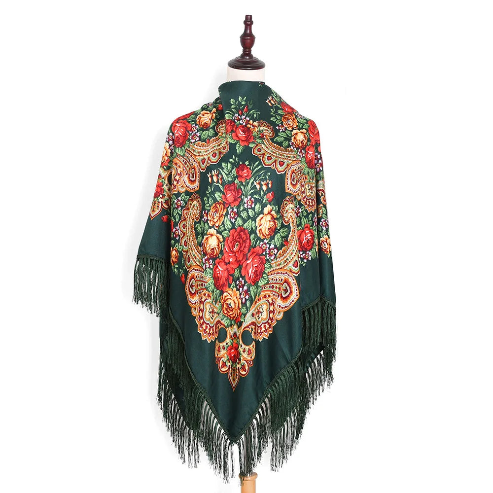 Russian Scarf Head Wrap for Women Luxury Ukrainian Manila Shawls Folk Cotton 160cm National Shawl Floral Print Travel Bandana - AMULET RING STORE