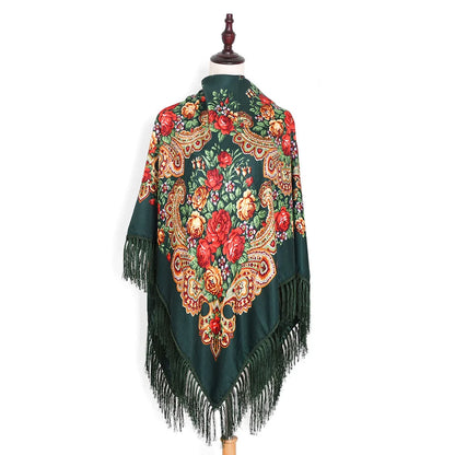 Russian Scarf Head Wrap for Women Luxury Ukrainian Manila Shawls Folk Cotton 160cm National Shawl Floral Print Travel Bandana - AMULET RING STORE