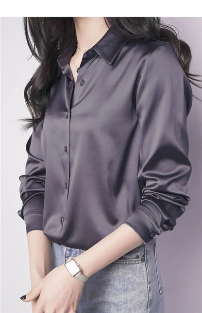 Spring Summer Casual Women's Satin Shirt Lapel Long Sleeve Blouse Loose Solid Color Office Lady Fashion Shirts Top