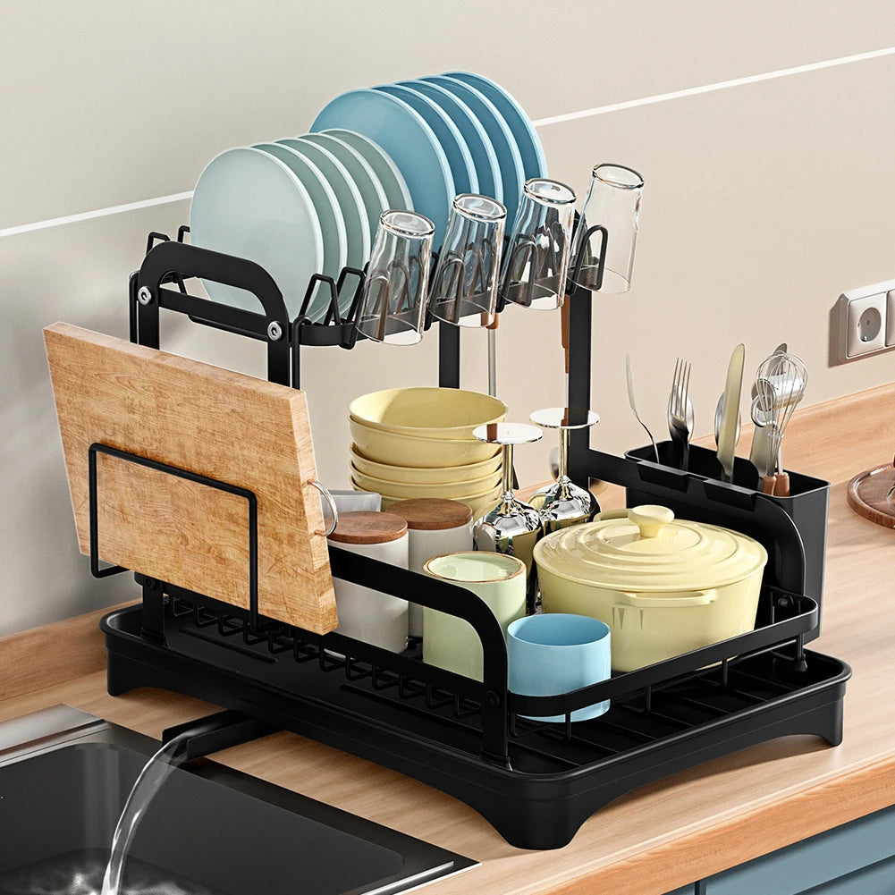 New 360° rotating storage rack double-layer kitchen tableware drying rack with drain tableware storage rack for tableware - AMULET RING STORE