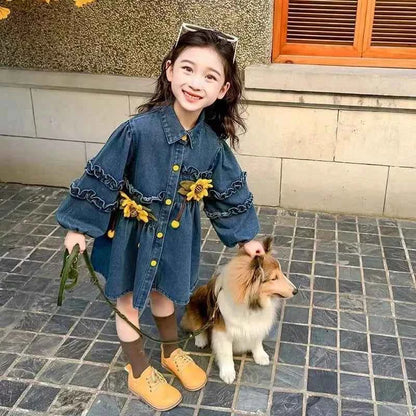 2025 New Arrival Girls' Little Korean Stylish Denim Long Sleeve Dress for 4-12 Years Old Kids Spring/Autumn