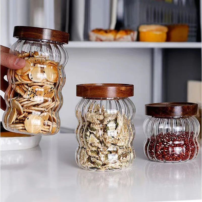Wood Lid Striped Glass Storage Bottles Sealed Jar Tea Coffee Beans Grains Candy Jars Organizer Kitchen Food Glass Containers - AMULET RING STORE