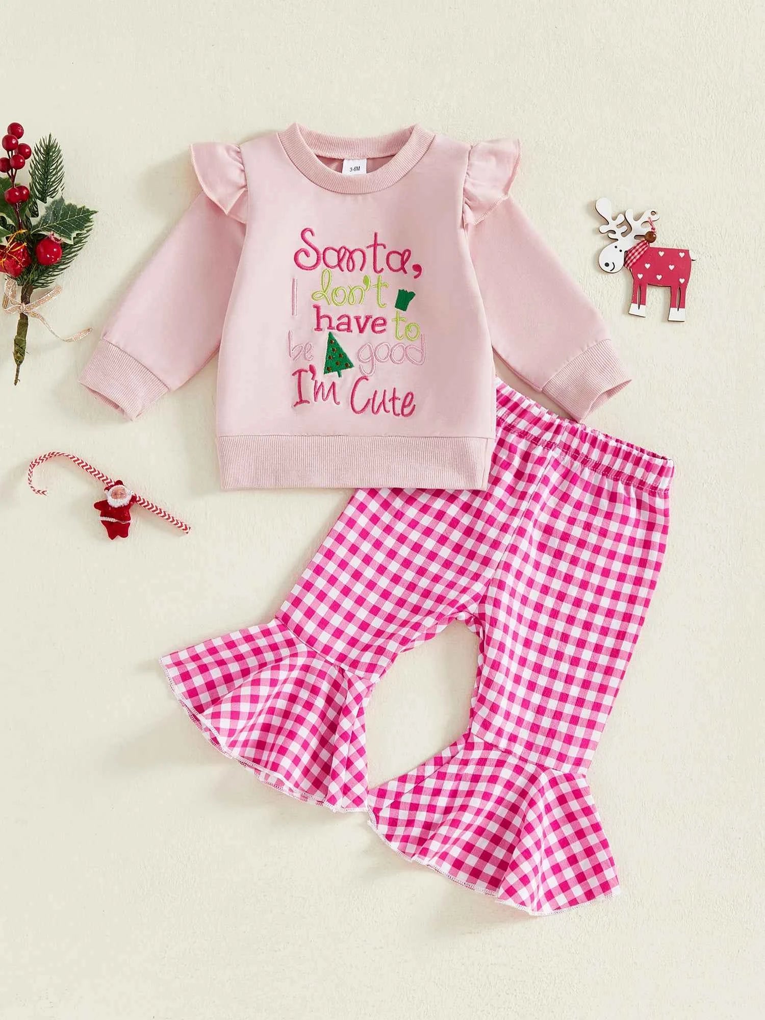 Infant Girls Christmas Outfit Set with Embroidered Letters Pullover and Plaid Bell Bottoms - 2 Piece Holiday Ensemble
