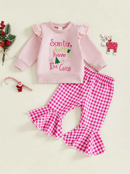 Infant Girls Christmas Outfit Set with Embroidered Letters Pullover and Plaid Bell Bottoms - 2 Piece Holiday Ensemble