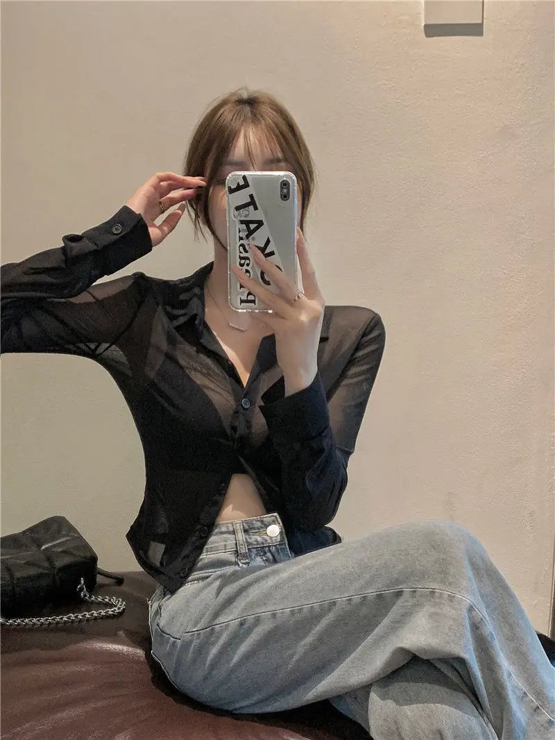 Bla Lace irt Sexy Thin Sun Protection Women's Summer New Pure Desire Versatile Slim ort Top Korean Sle Collar Lo... - AMULET RING STORE