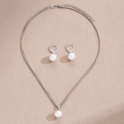 LATS 3 Pcs/Set Round Pearl Pendant Necklace For Women Exquisite Fashion Rhinestone Double  Earring Wedding Jewelry Set Gift