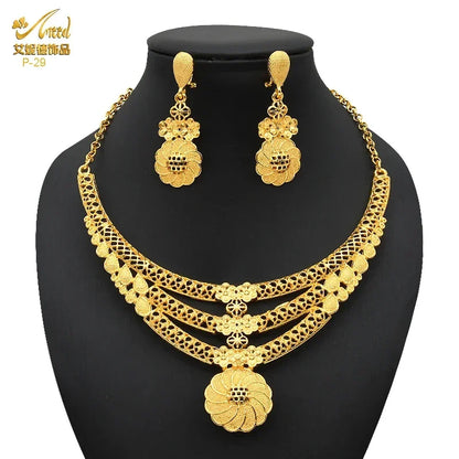 ANIID Indian 24K Gold Color Jewelry Sets For Women Wedding Dubai Necklace Earrings Nigerian African Bridal 4PCS Set Party Gifts