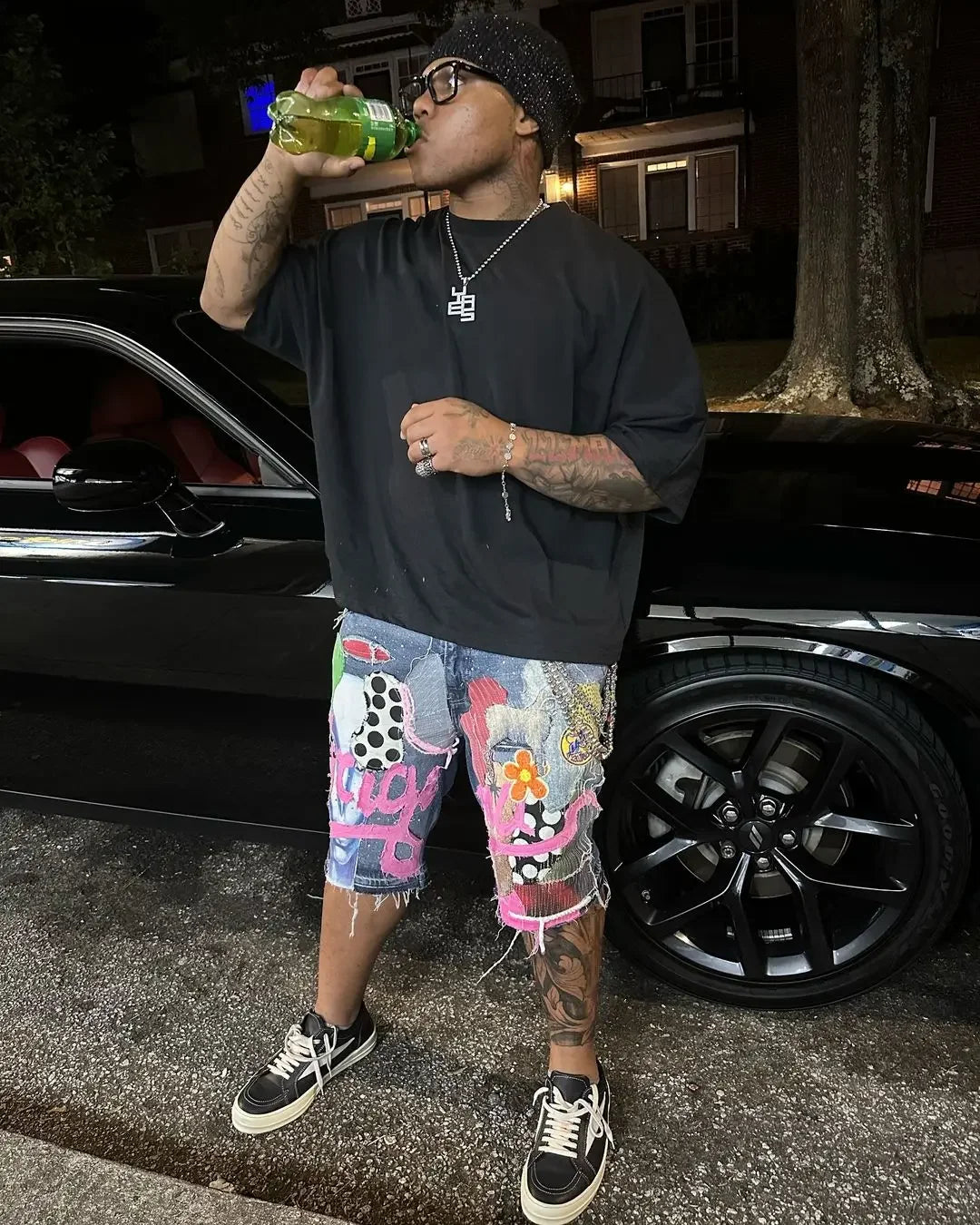 Gothic Punk Skull Letter Pattern Patchwork Shorts Men Y2k Streetwear Pants Hip Hop Fashion Denim Shorts Summer New Hot Sale - AMULET RING STORE