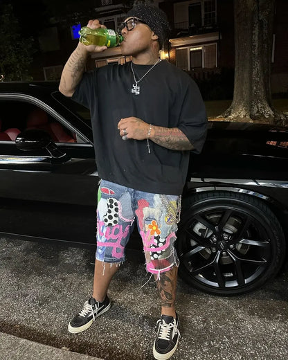 Gothic Punk Skull Letter Pattern Patchwork Shorts Men Y2k Streetwear Pants Hip Hop Fashion Denim Shorts Summer New Hot Sale - AMULET RING STORE