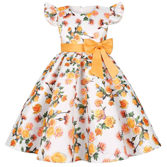 Girls Party Dresses Elegant Flower Printed Princess Dress Girls Birthday Party Wedding Bridesmaid Gown Girl's Ceremonial Dress