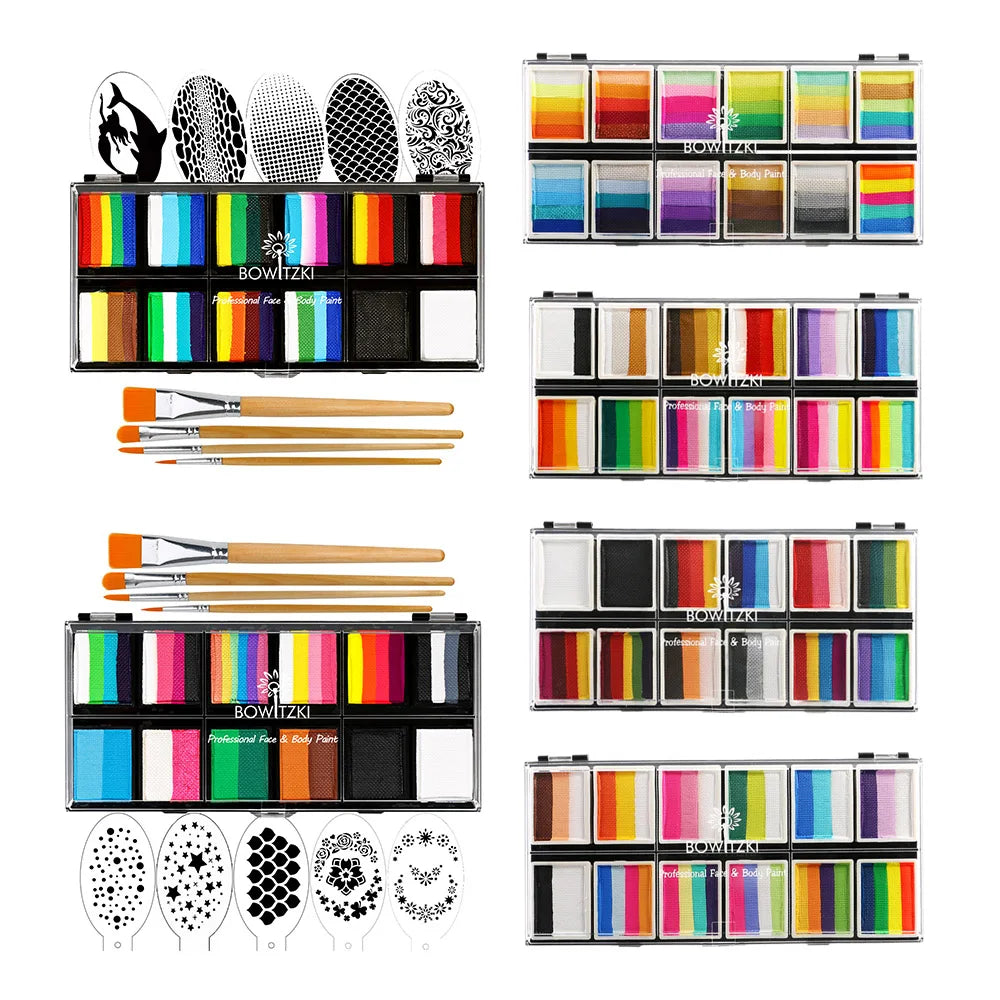 Bowitzki Face Paint 12x10gm Professional Body Paint Kit For Kids Adults Stencil One Stroke Split Cake Rainbow Makeup - AMULET RING STORE