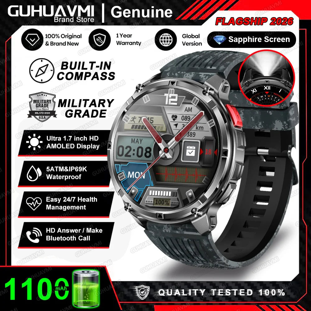 New Military T-Rex3 Ultra 1100mAh Battery Smart Watch 5 ATM Waterproof 1.7"AOD Compass GPS Sports tracker Outdoors Smartwatches