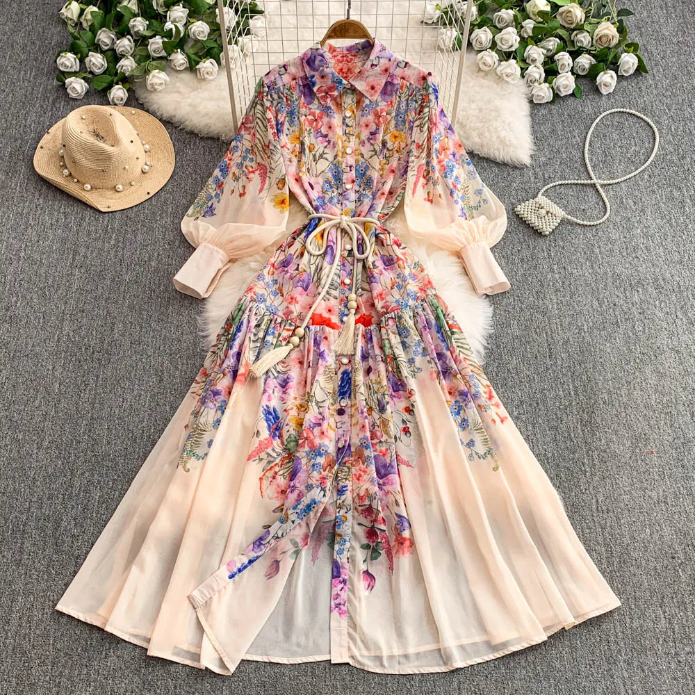 Faionable Print Long Dr Women's Spring Belted Waist Pleated Lantern Sve Turn-down Collar Dr Korean Sle Commute