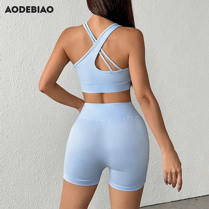AODEBIAO Sports Fitness Women 2 Piece Set Summer O-Neck Sleeveless Camis And Shorts Slim Yoga Crop Top Pants Two Piece Set Lady