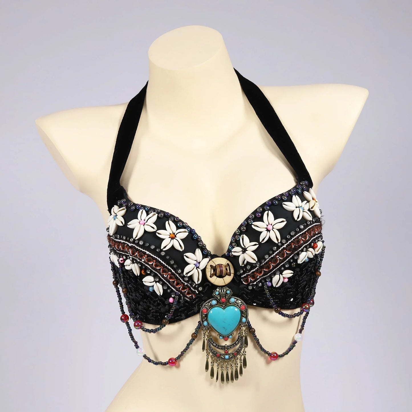 Vintage Gypsy Bra Tribal Belly Dance Push Up Bra Wooden Beads Top with Swags and Turquoise Medallion