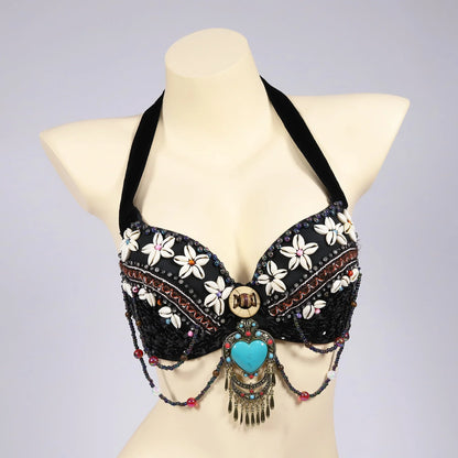 Vintage Gypsy Bra Tribal Belly Dance Push Up Bra Wooden Beads Top with Swags and Turquoise Medallion