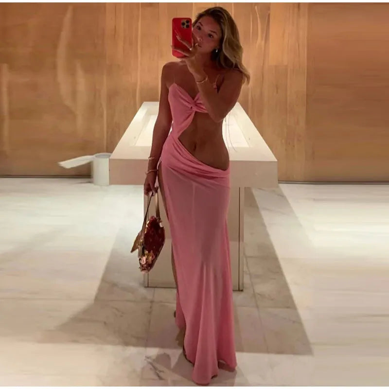 Vacation Hollow Out Mesh Long Sling Dress For Women Y2k Irregular Sleeveless Side Split Beach Suspender Dress Lady Evening Robe - AMULET RING STORE