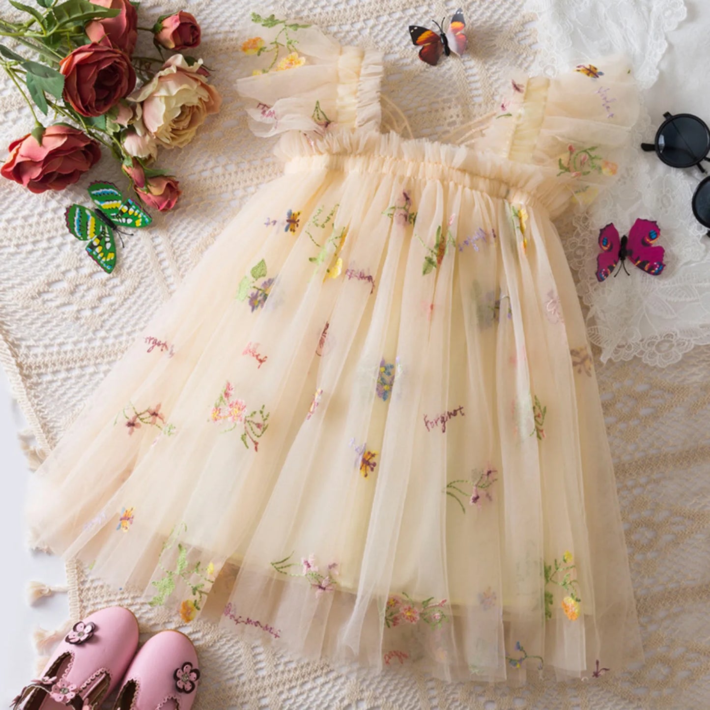 Delicate Party Prom Evening Dress Colorful Flower Embroidery Dresses Fashion Butterfly Princess Dress Birthday Princess Clothes