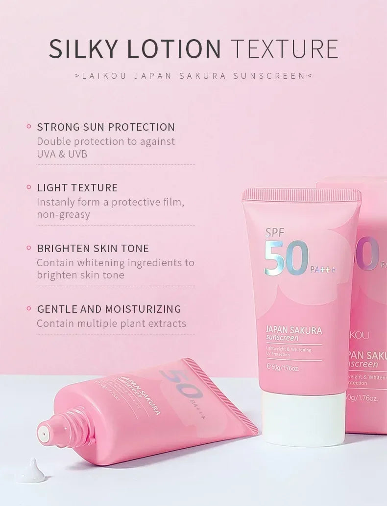 LAIKOU SPF 50 PA+++ Sakura Sunscreen For Face Body Neck Solar Blocker Long-Lasting Sun Block Facial Sunscreen Sun Cream 50g - AMULET RING STORE
