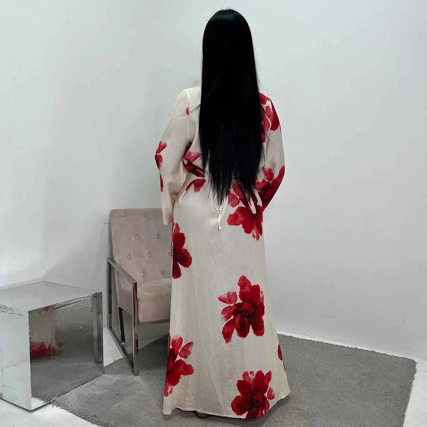 Arabesque Bell Sleeve Flowy Maxi Abaya Dress Elegant Floral Print Muslim Modest Long Dress Islamic Vacation Outfit Summer Robe