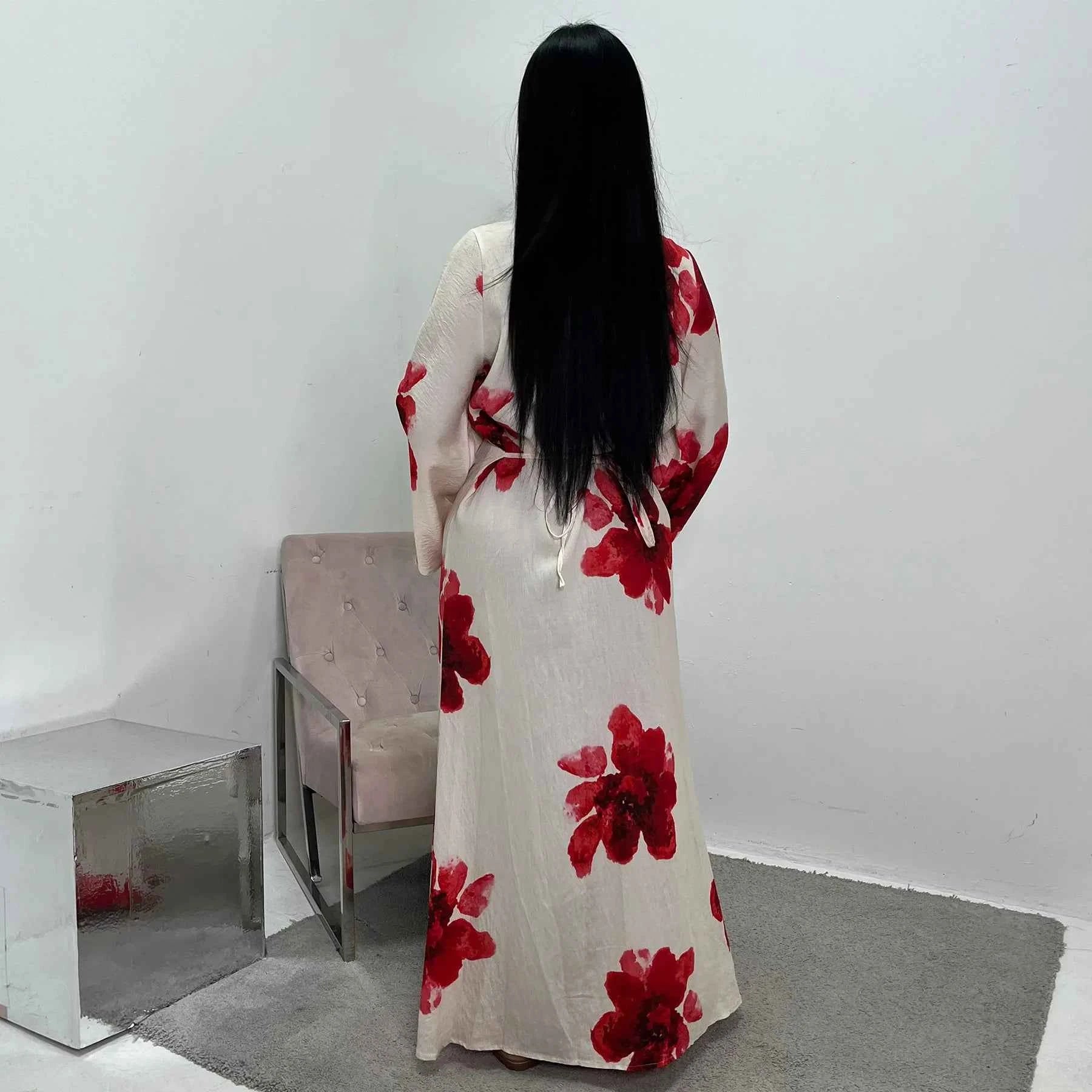 Arabesque Bell Sleeve Flowy Maxi Abaya Dress Elegant Floral Print Muslim Modest Long Dress Islamic Vacation Outfit Summer Robe