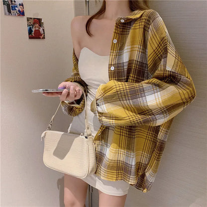 Plaid Shirt Women Spring Long Sleeve Top Female Vintage OL Fashion Single Breasted Blouse Ladies Preppy Style Loose Check Shirts