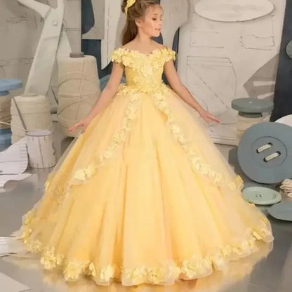 Customize Yellow Flower Girl Dresses Beading Appliqued Pageant Birthday For Girls First Communion Dresses Kids Prom Dresses