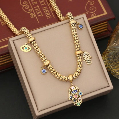 316L Stainless Steel New Fashion Fine Jewelry Colourful Eyes Palms Charm Hollow Thick Chain Necklace Bracelet Earrings For Women - AMULET RING STORE