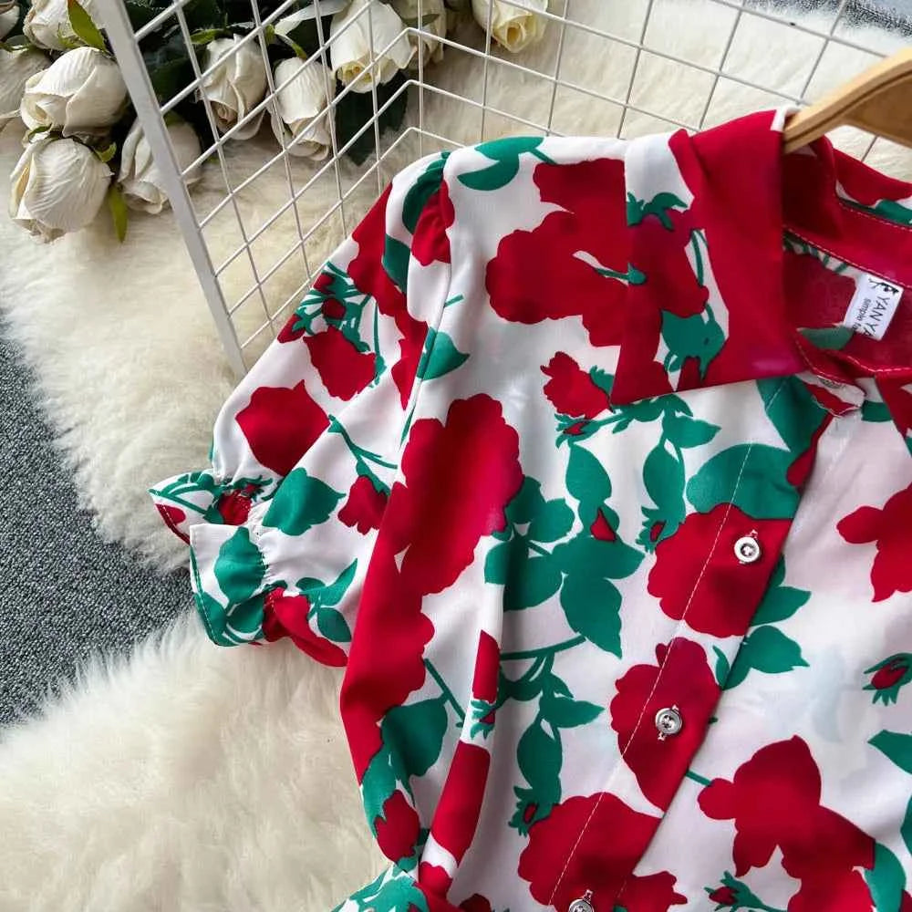 YuooMuoo Women Dress 2025 Summer Fashion Lady Elegant Vintage Floral Print Long Shirt Dress with Belt Vintage Party Robe Femme