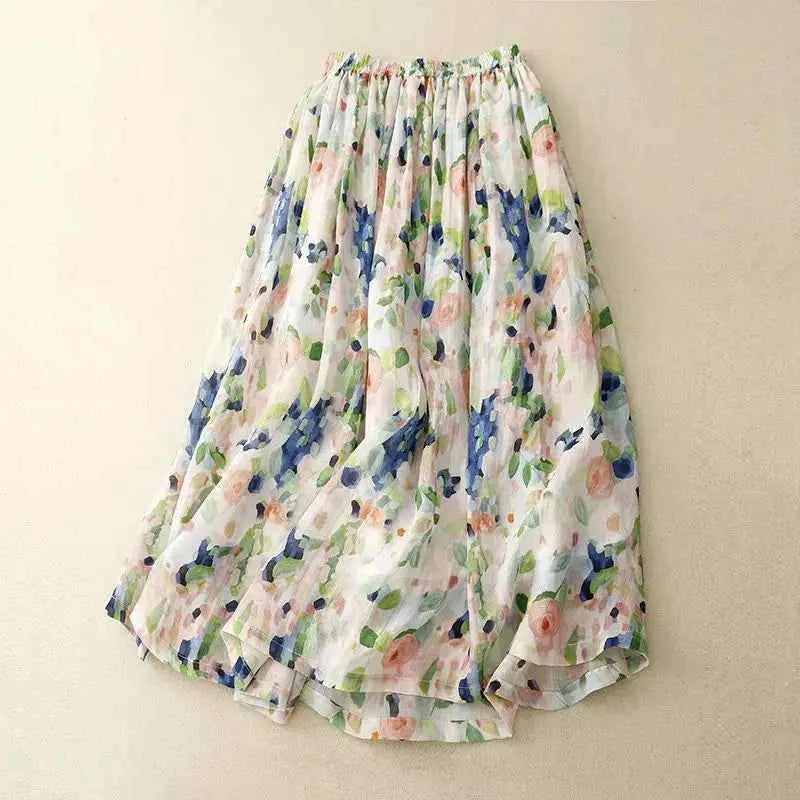 French Floral Oil Painting Elegant Chic Elastic High Waist A-line Women's Skirt Mid-Calf Long Skirts For Women Clothing Fashion