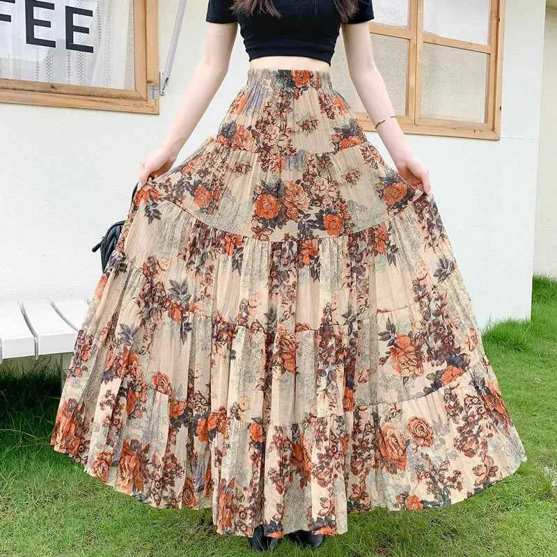 Retro Floral Pleated to Ankle f Skirt Women's Draped High Waist Midi A-Line Skirt Polyester Fiber Spring Season