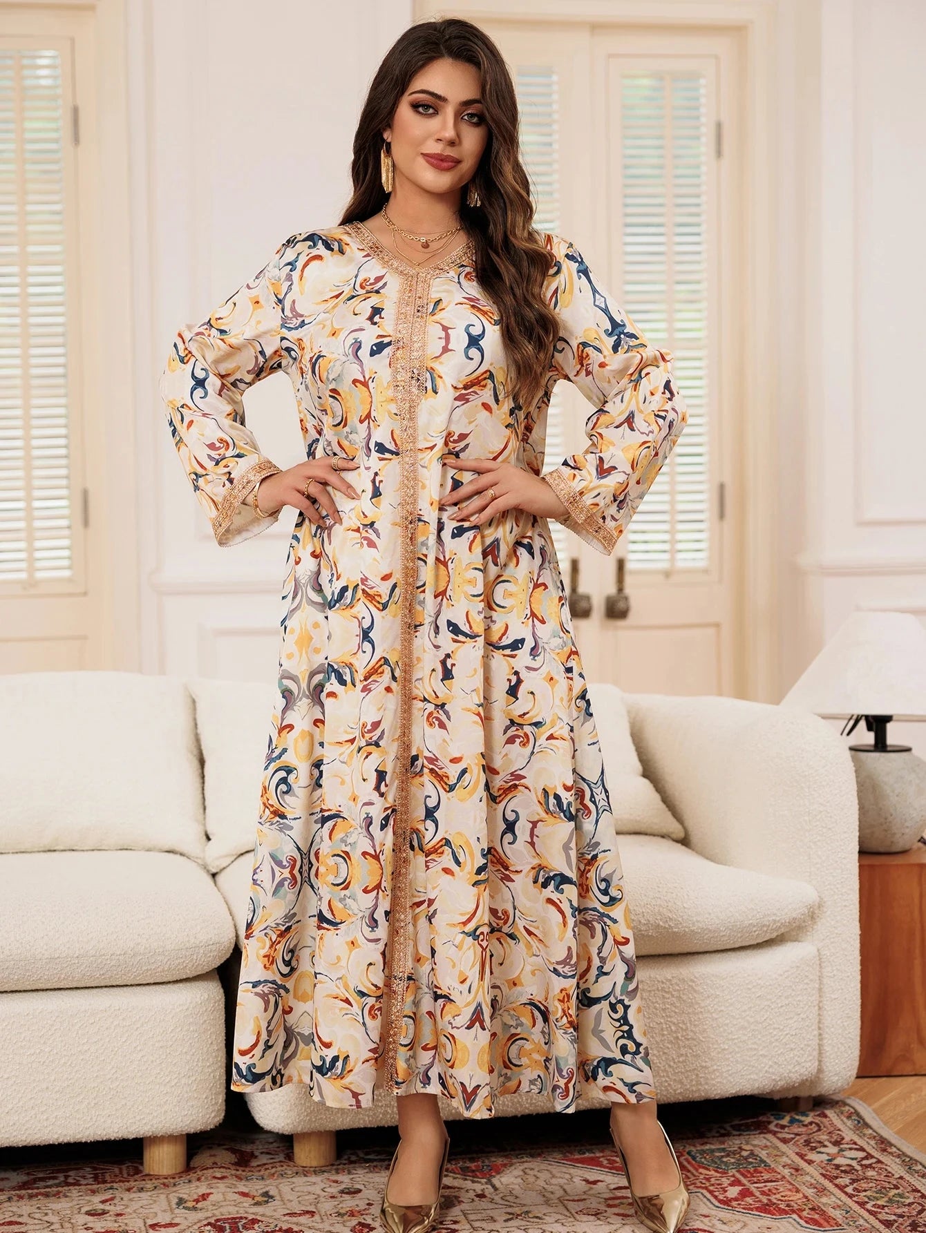 Women's Dress Multicolour Long Sleeve Printed Lace Patchwork Middle East Arabian Resort Style Maxi Dress Maxi Dress Simple - AMULET RING STORE