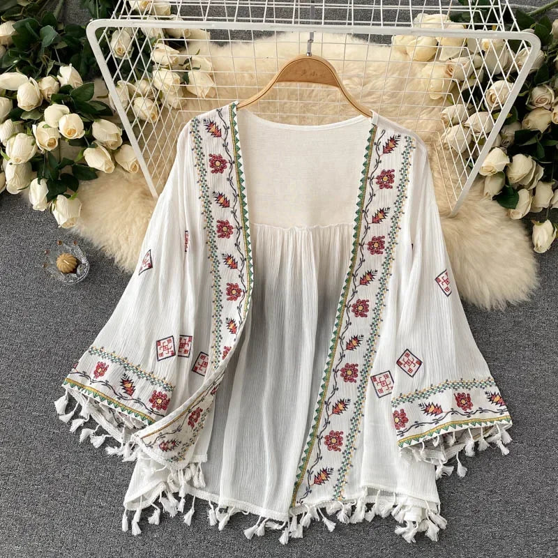 Summer Women's Shirt Bohemian Holiday Style Embroidered Tassel Chiffon Cardigan New Waist Female Slim Short Tops - AMULET RING STORE