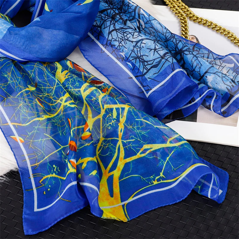 45*155cm Print Design Women Silk Scarf Shawl Elegant Headscarf Convinient Bandage Hijabs Chiffon Muslim Wrap Scarves - AMULET RING STORE